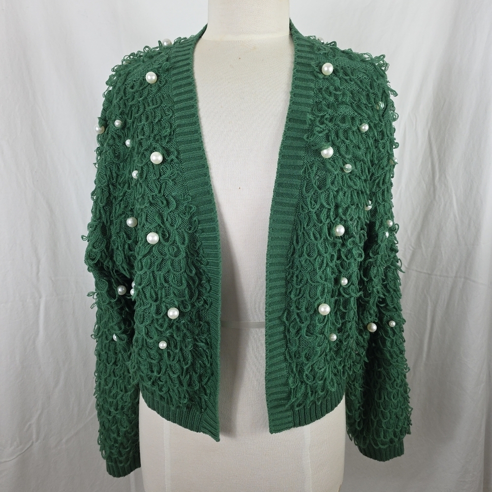 Green Cardigan Sweater Short Faux Pearls Womens 2X Boho Cottagecore Whimsy...